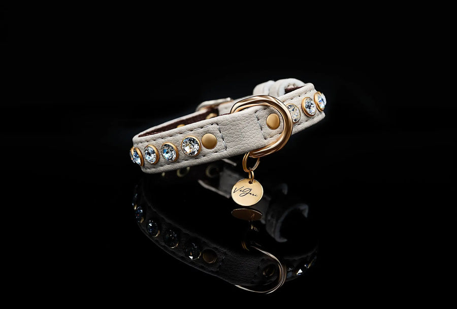 XS / BEIGE / PINATEX VEGAN LEATHER Dog Rhinestone Bling Collar| Beige Mini Royal LUX COLLAR VEGARI