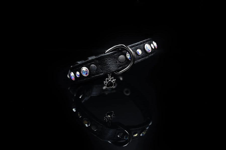 XS / BLACK / PINATEX VEGAN LEATHER Dog Rhinestone Bling Collar| Black Jet LUX COLLAR VEGARI