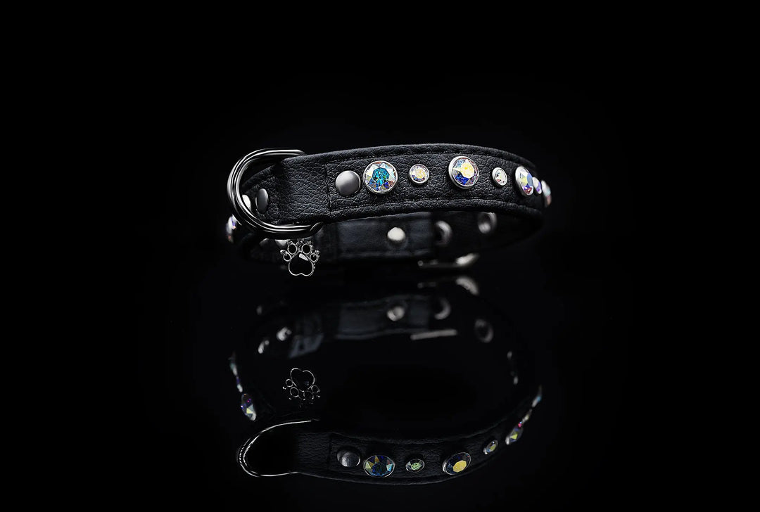 XS / BLACK / PINATEX VEGAN LEATHER Dog Rhinestone Bling Collar| Black Jet LUX COLLAR VEGARI
