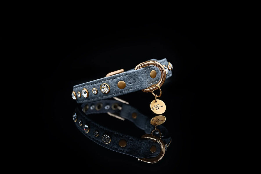 XS / GREY / PINATEX VEGAN LEATHER Dog Rhinestone Collar| Grey Luxury LUX COLLAR VEGARI