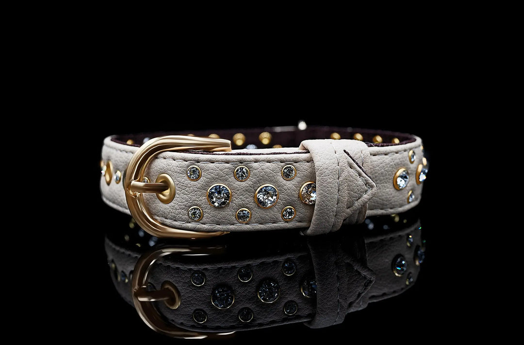 S / BEIGE / PINATEX VEGAN LEATHER Dog Rhinestone Diamond Collar| Beige Royal LUX COLLAR VEGARI