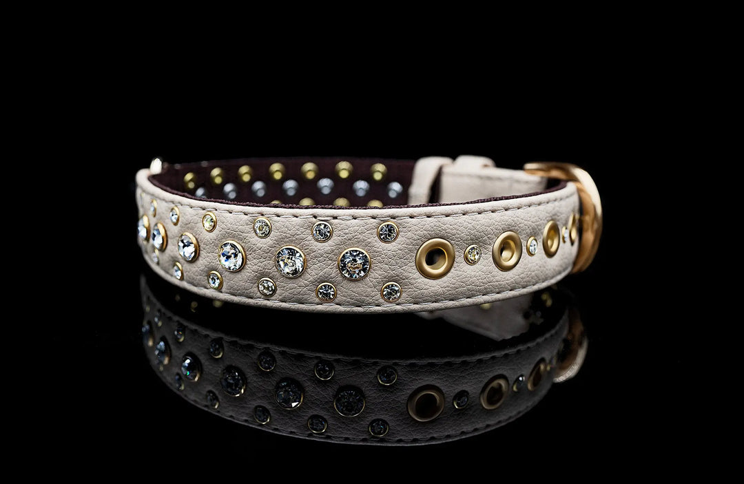 S / BEIGE / PINATEX VEGAN LEATHER Dog Rhinestone Diamond Collar| Beige Royal LUX COLLAR VEGARI