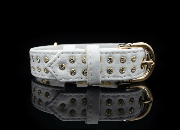 DOG COLLAR, COLLAR WITH RHINESTONES, COLLAR WITH CRYSTAL RIVETS, CRYSTAL DIAMOND COLLAR, COLLAR FOR DOGS AND CATS, WHITE COLOUR DOG COLLAR, BLING BLING FANCY DOG COLLAR
