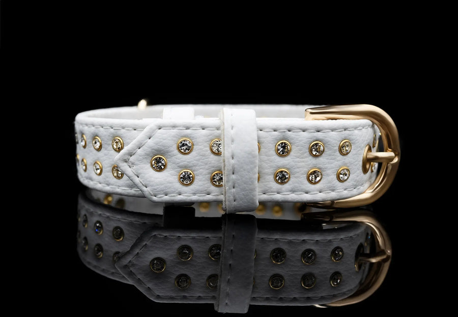S / WHITE / PINATEX VEGAN LEATHER Dog Rhinestone Collar| White Snow LUX COLLAR VEGARI