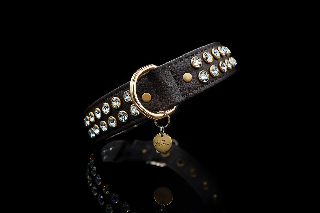S / BROWN / PINATEX VEGAN LEATHER Dog Rhinestone Collar| Born To Impress LUX COLLAR VEGARI