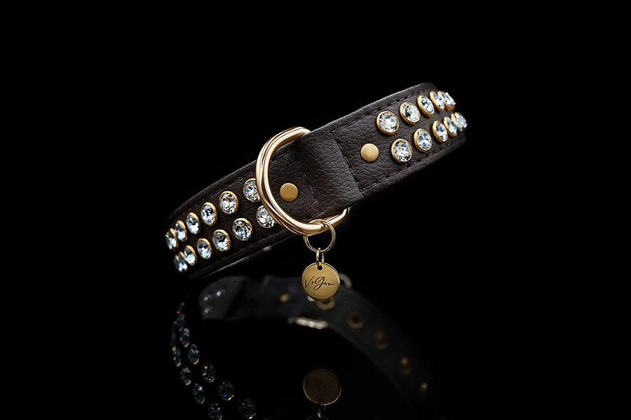 S / BROWN / PINATEX VEGAN LEATHER Dog Rhinestone Collar| Born To Impress LUX COLLAR VEGARI
