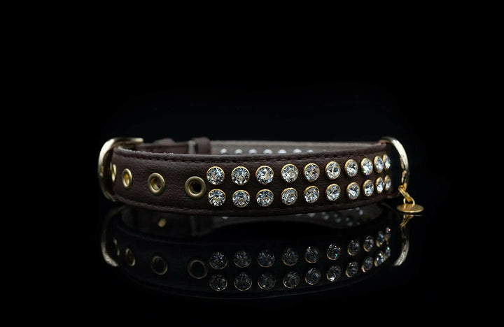 DOG COLLAR, COLLAR WITH RHINESTONES, COLLAR WITH CRYSTAL RIVETS, CRYSTAL DIAMOND COLLAR, BROWN COLOUR WITH GOLD PLATED RIVETS