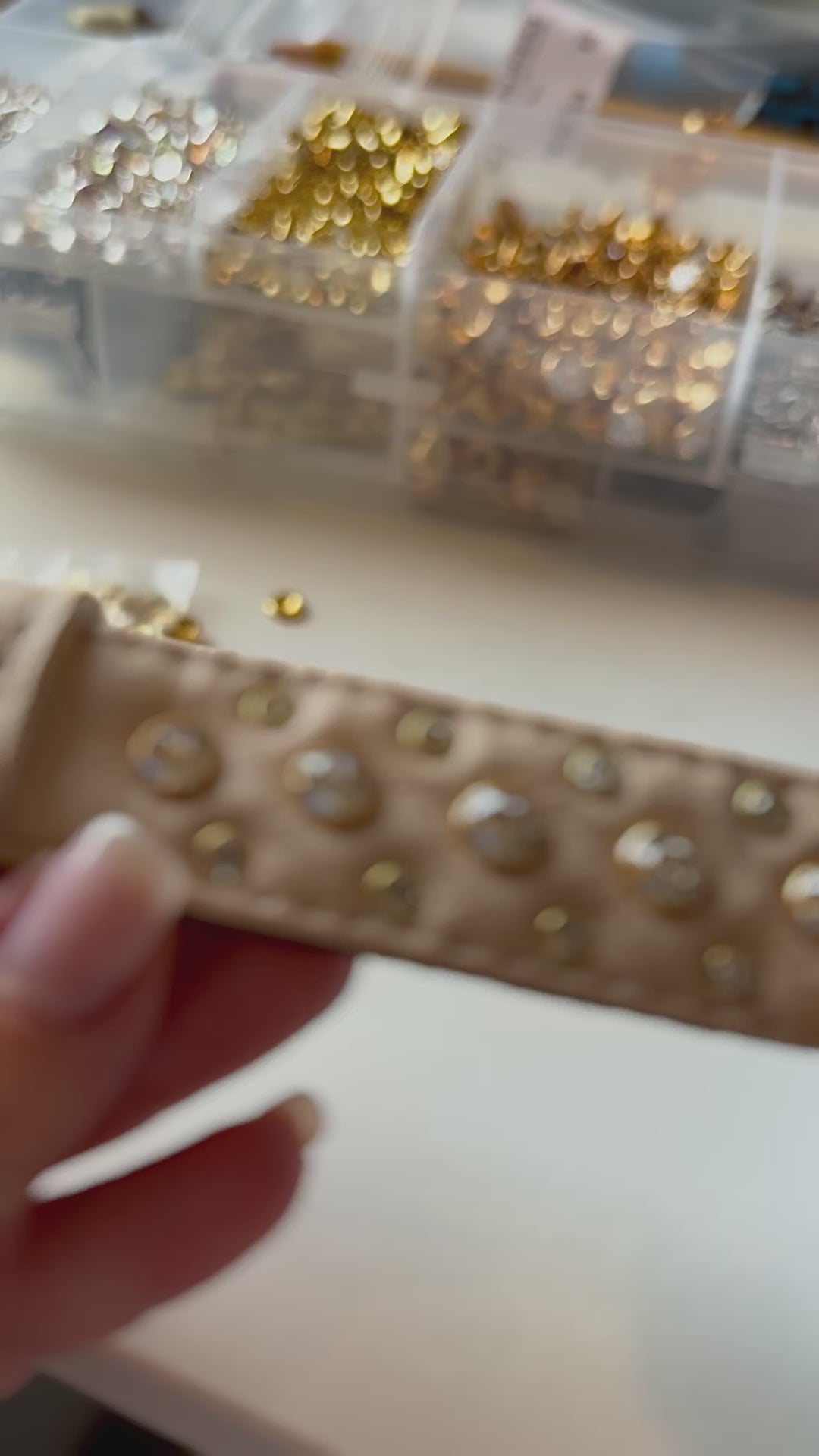 vegan leather dog collar made from pinatex with gold plated crystals in beige color
