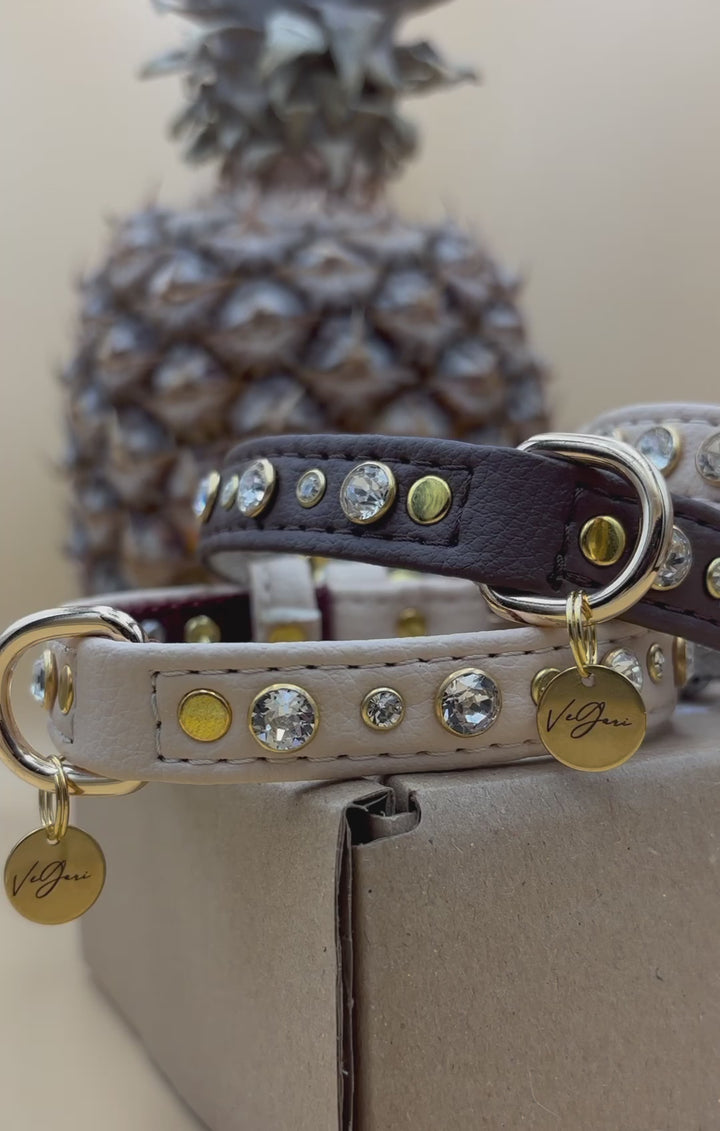 vegan leather dog or cat collar with crystal rhinestones made for stylish cats and dogs and thei mamas