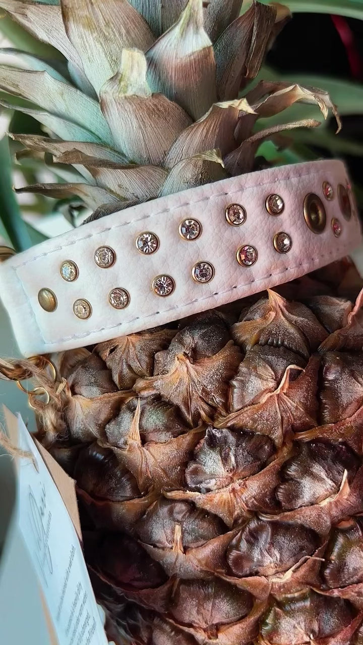 white vegan crystal collar from pineapple leather and gold plated crystal rivets