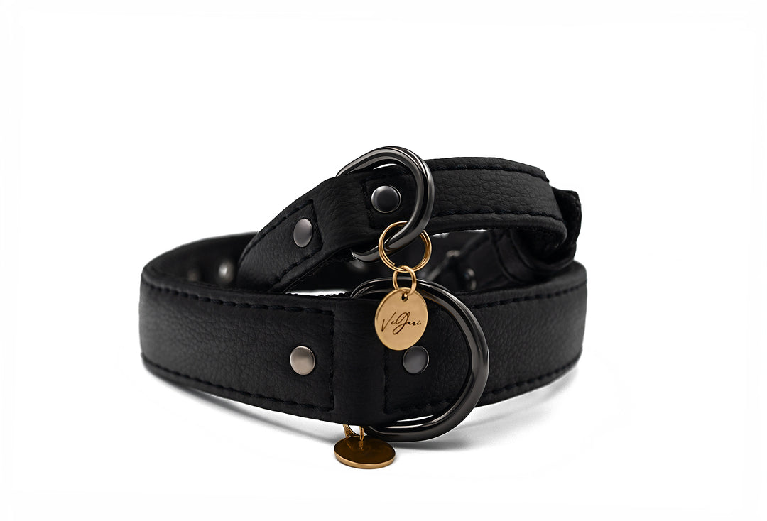 VEGAN LEATHER DOG COLLAR MADE FROM PINEAPPLE LEATHER PINATEX IN BLACK COLOR