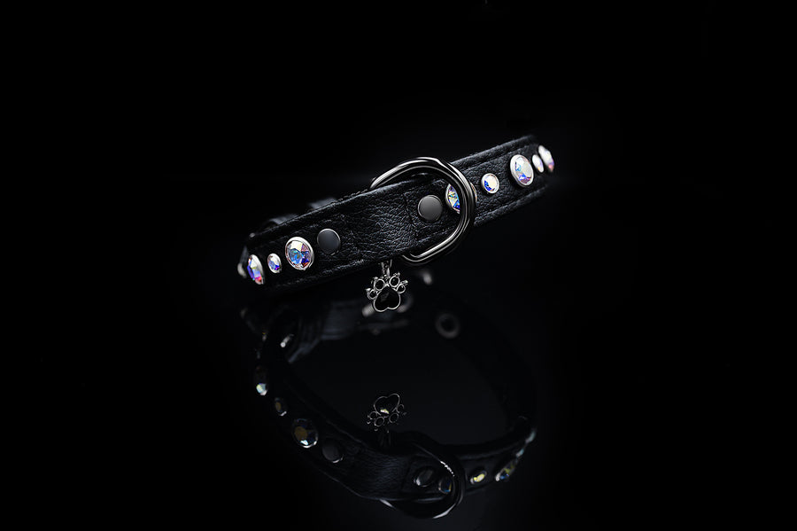 black rhinestone collar for dogs or cats made from pineapple leather pinatex which is sustainable and vegan choice