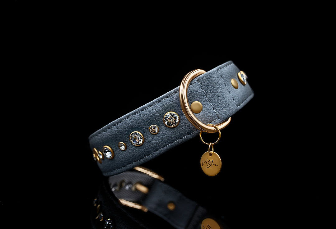 vegan leather dog collar made from pinatex with gold plated premium crystal rivets, made in grey colour for small to medium size dog or cat
